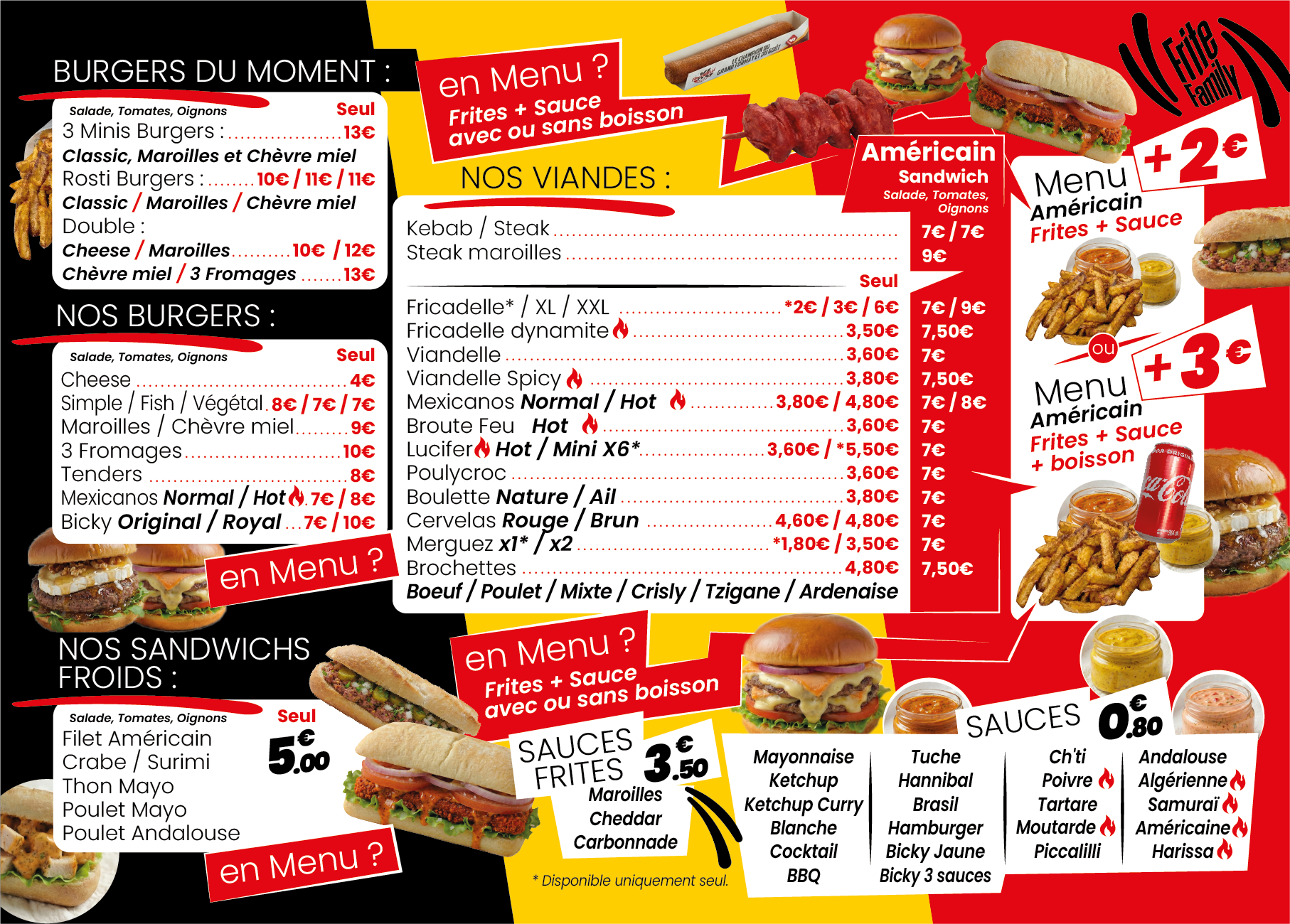 Carte Frite Family — burgers, viandes, sandwichs froids, sauces